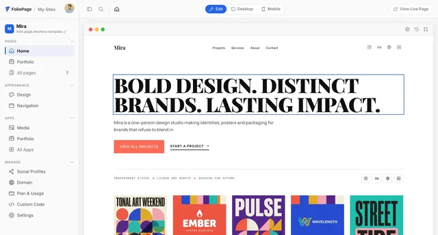 The FolioPage page editor with a portfolio template open