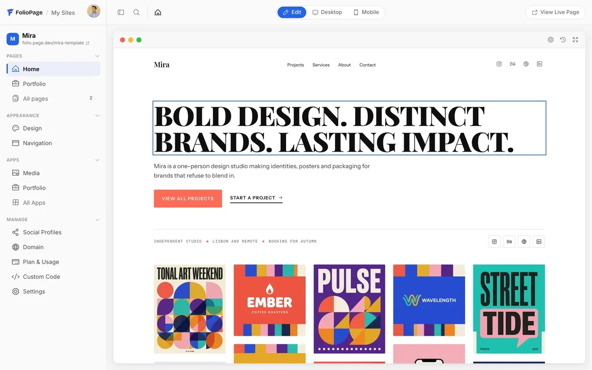 The FolioPage page editor, editing a portfolio template directly on the page