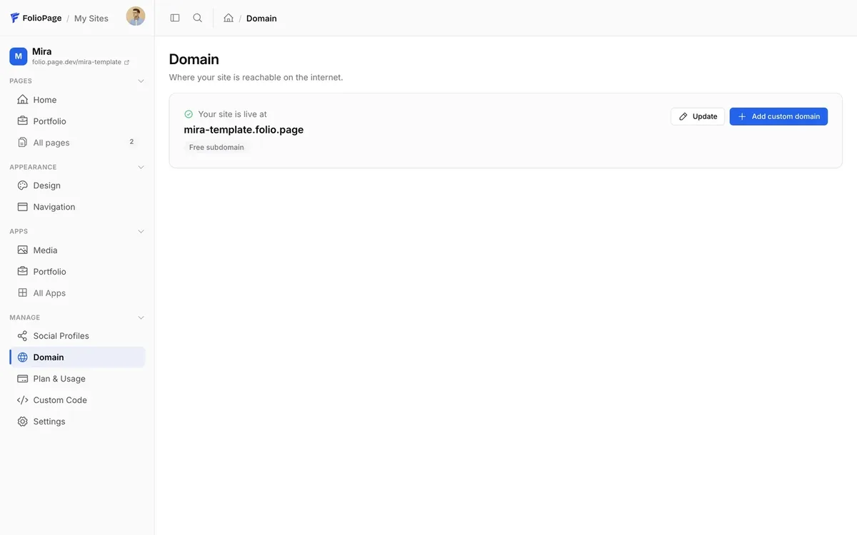 The FolioPage domain settings