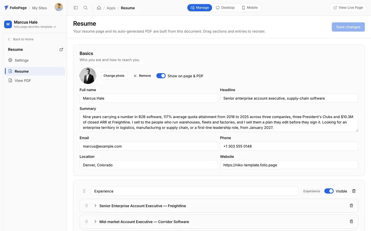 The FolioPage resume builder